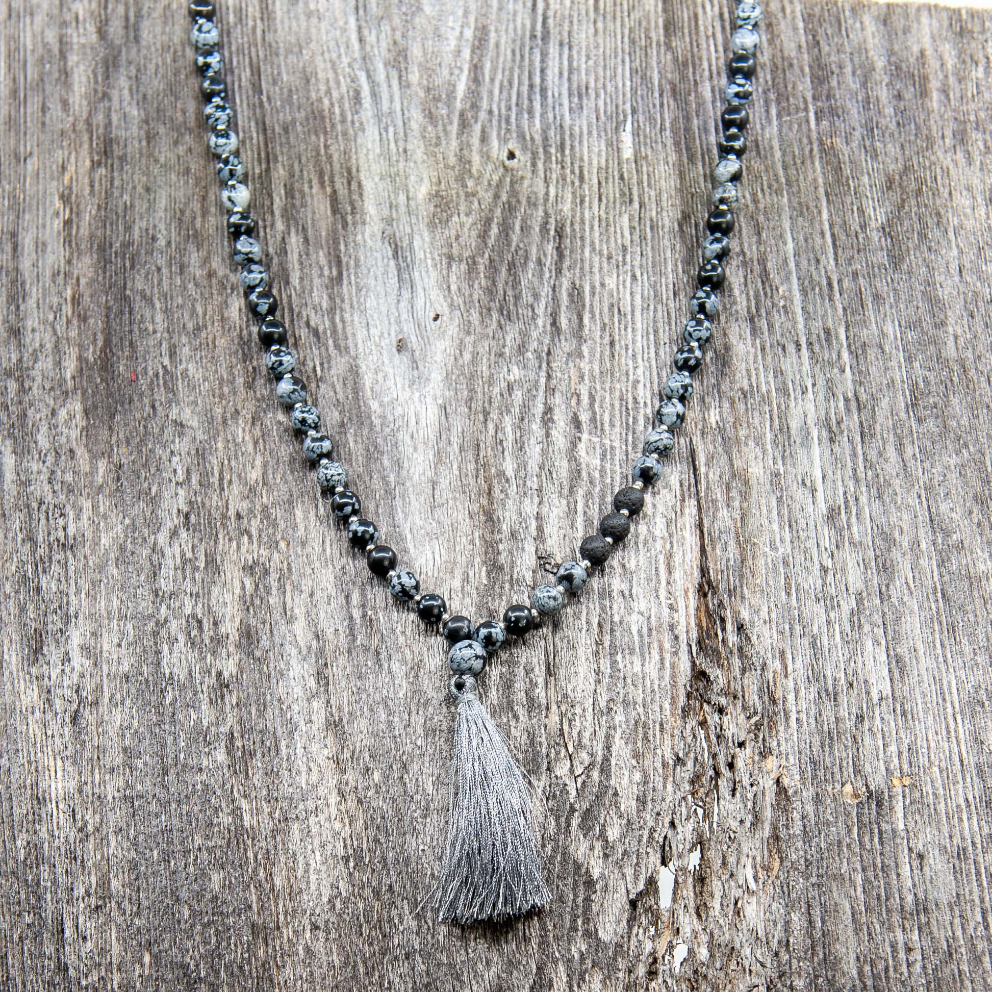 Mala Bead Necklace (8mm)- Snowflake Obsidian