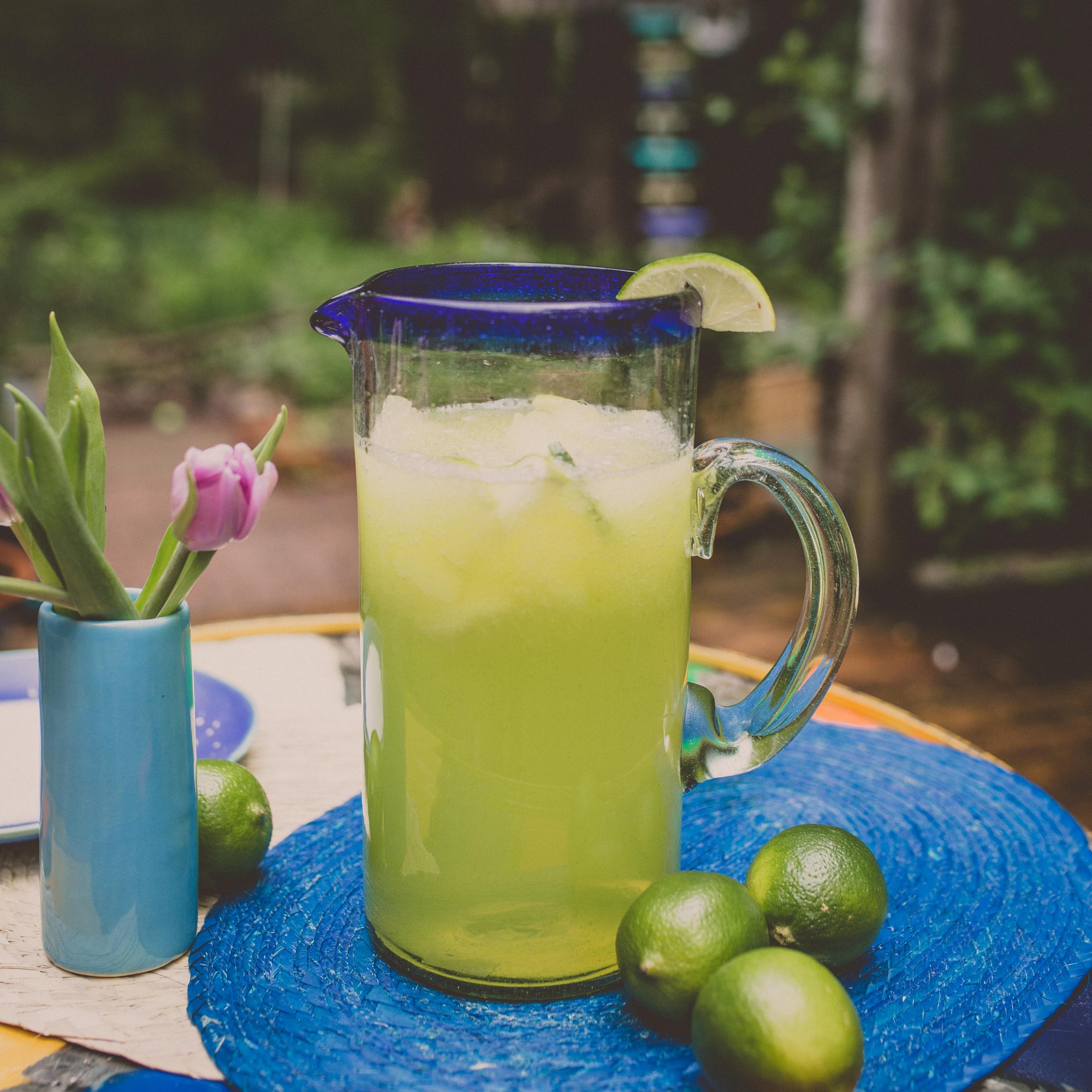 Mexican Glass Pitcher - Indigo Rim