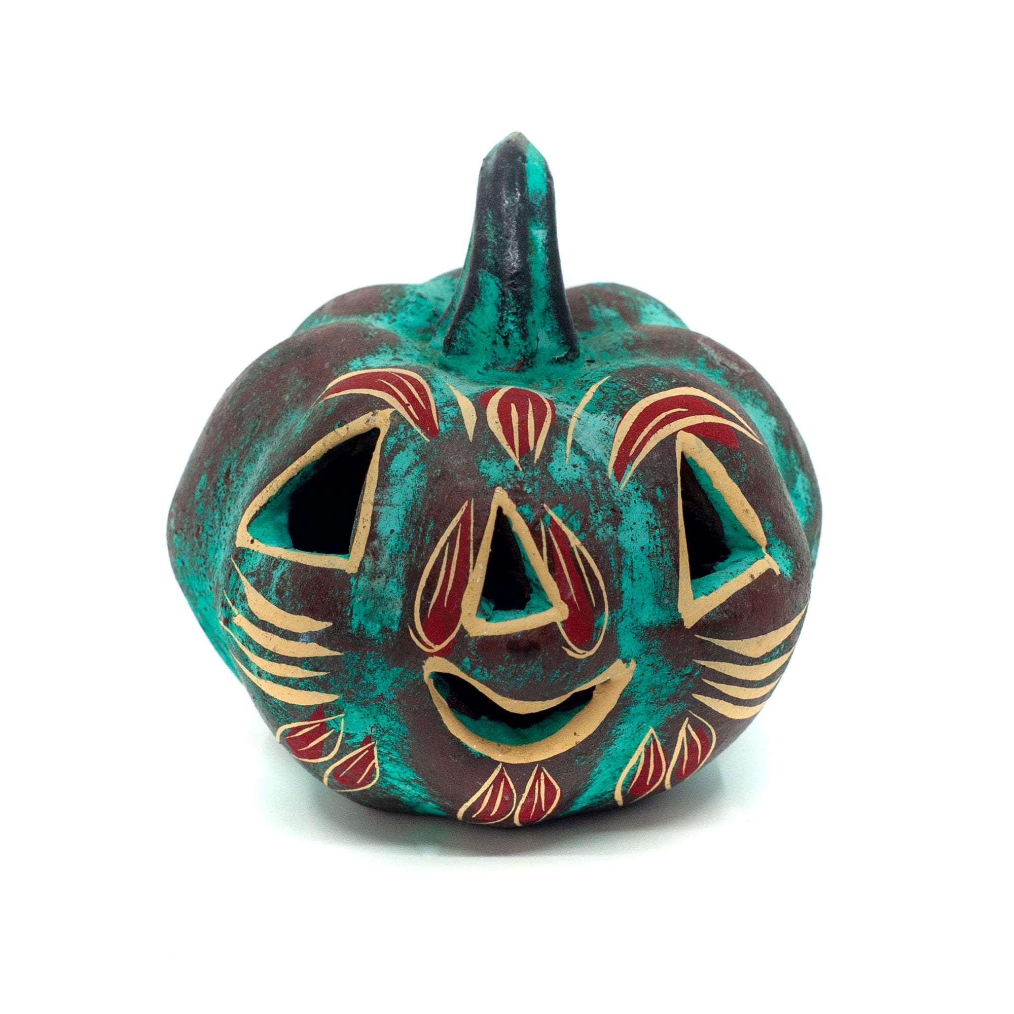 Photo of small terracotta pumpkins with hand-painted designs