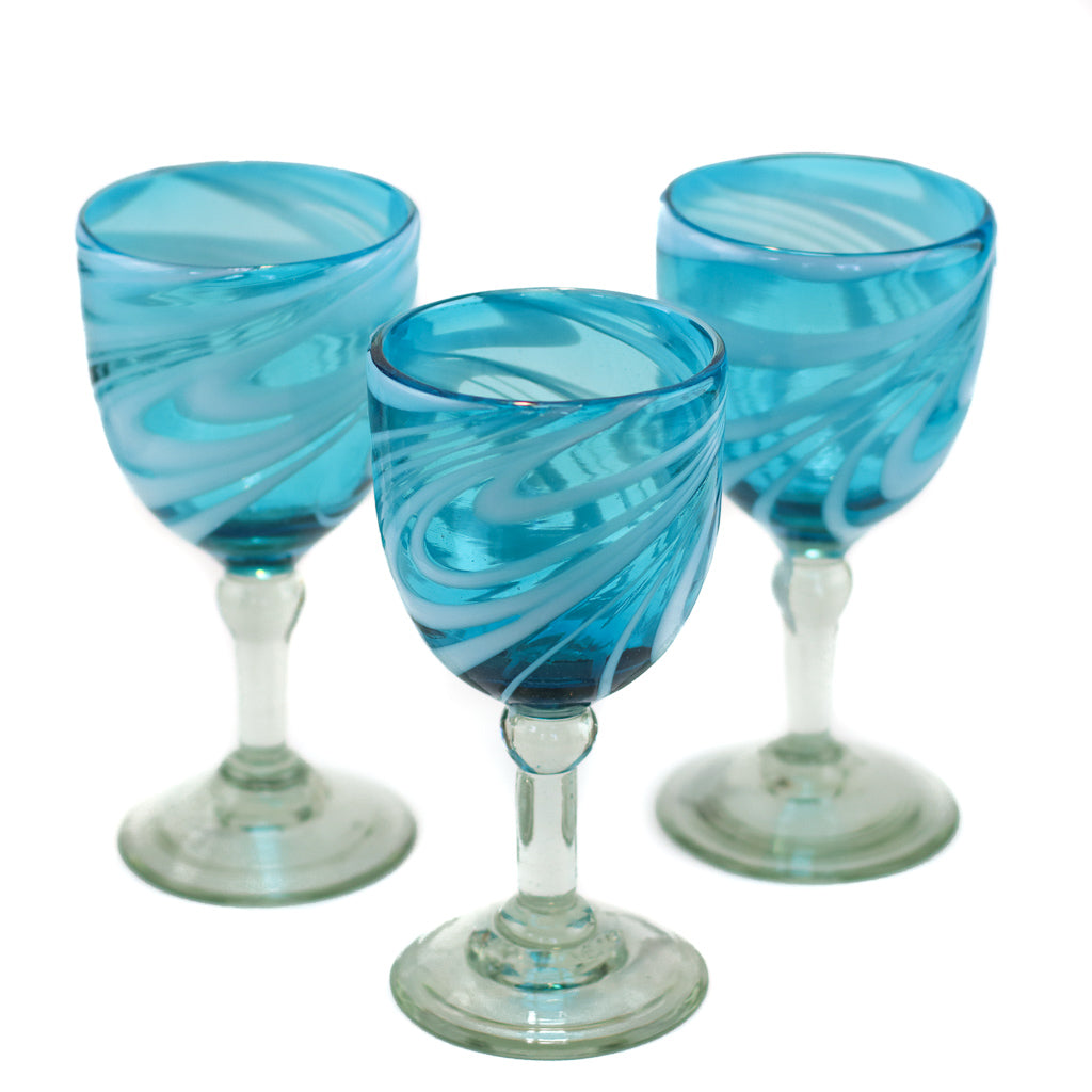 Mexican Wine Glass - Aqua & White Swirl Lustre - 7"