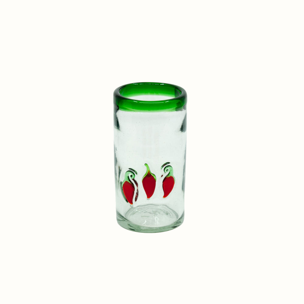 Mexican Water Glass- Green Rim, Red Chillies - 6"