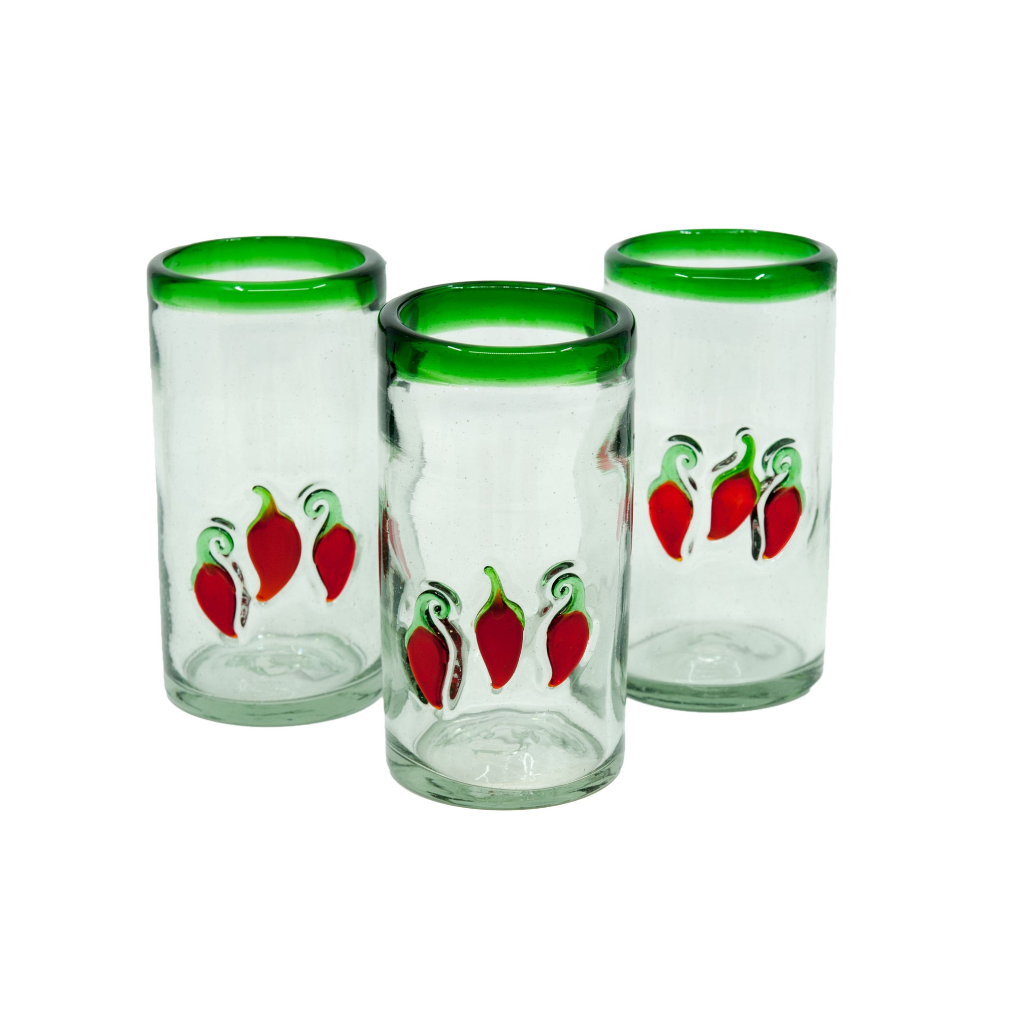 Mexican Water Glass- Green Rim, Red Chillies - 6"