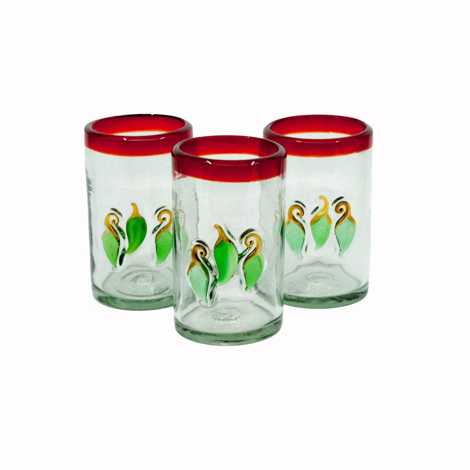 Mexican Water Glass- Red Rim, Green Chillies - 6"