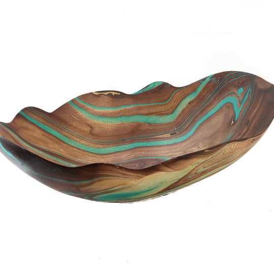 Mango Wood Flower Oblong Bowl - 10" x 16" (Turquoise)