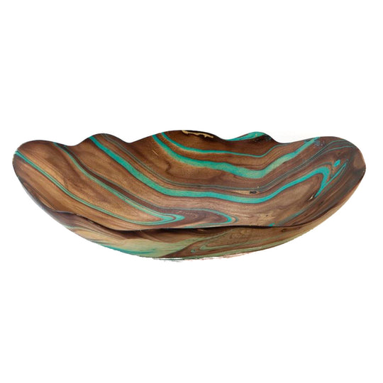 Mango Wood Flower Oblong Bowl - 10" x 16" (Turquoise)