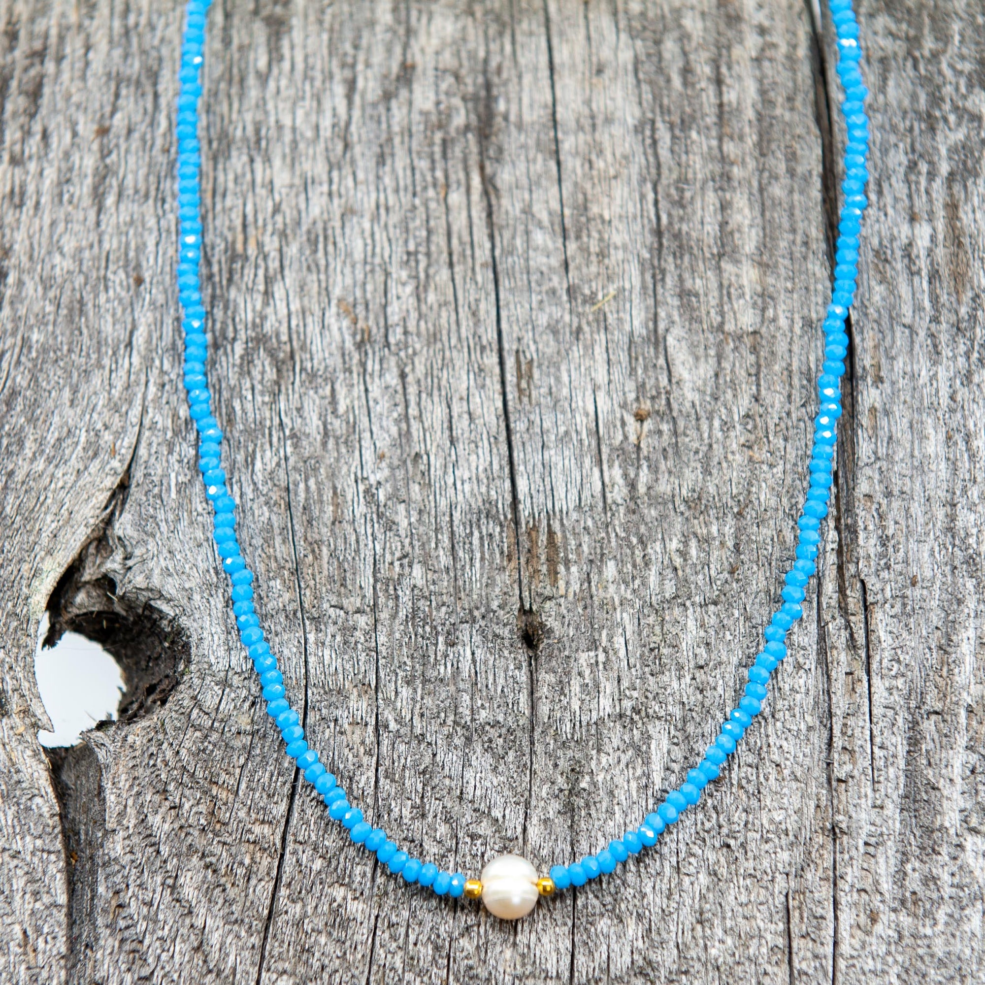 Bali Pearl Necklace with Dainty Blue Beads