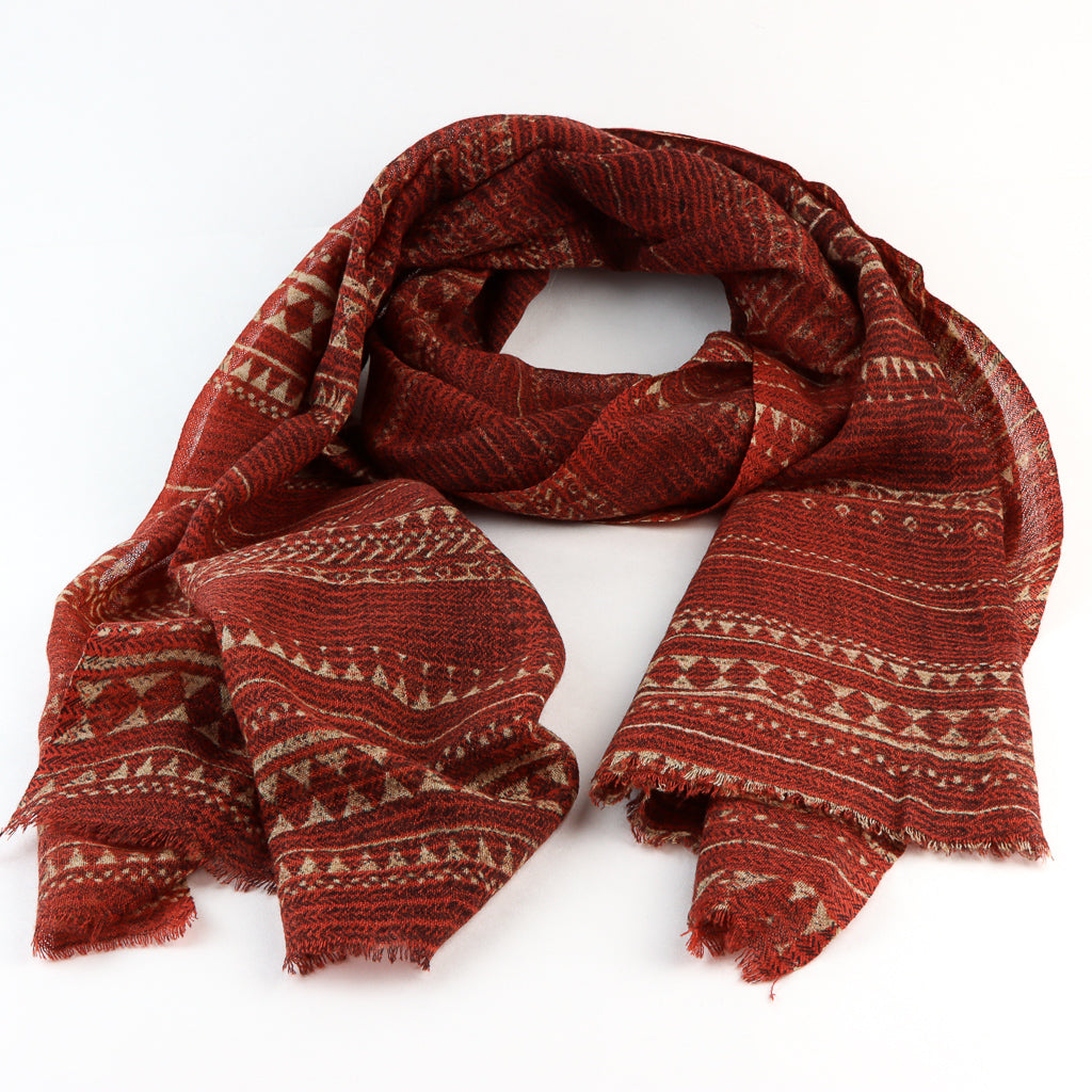Indian 100% Wool Scarf - Red & Wheatgrass