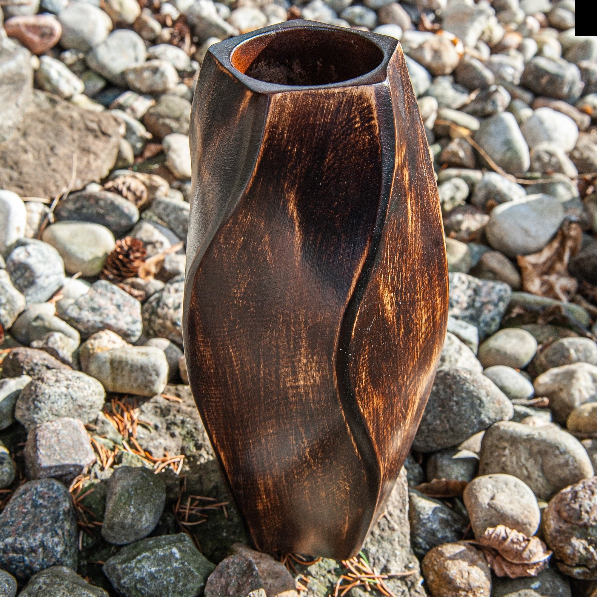 Mango Wood Wavy Carved Vase - 8"