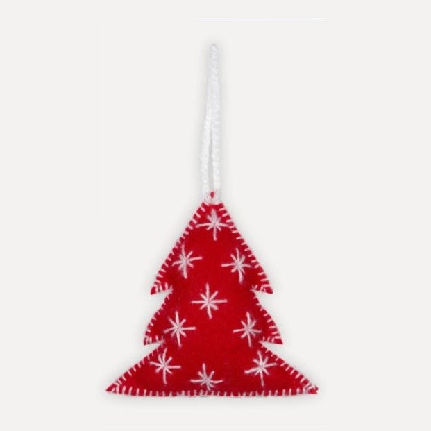 Hand Embroidered Ornament - Tree - Red