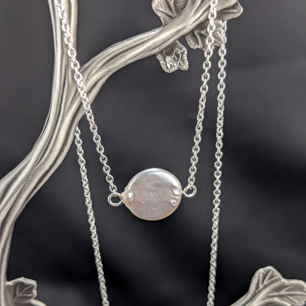 Round Pearl Coin Silver Necklace