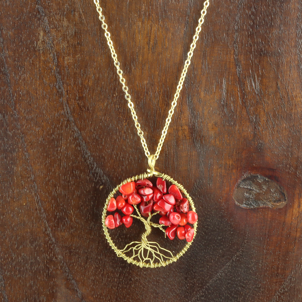 Gold Plated Tree of Life Necklace - Red Coral