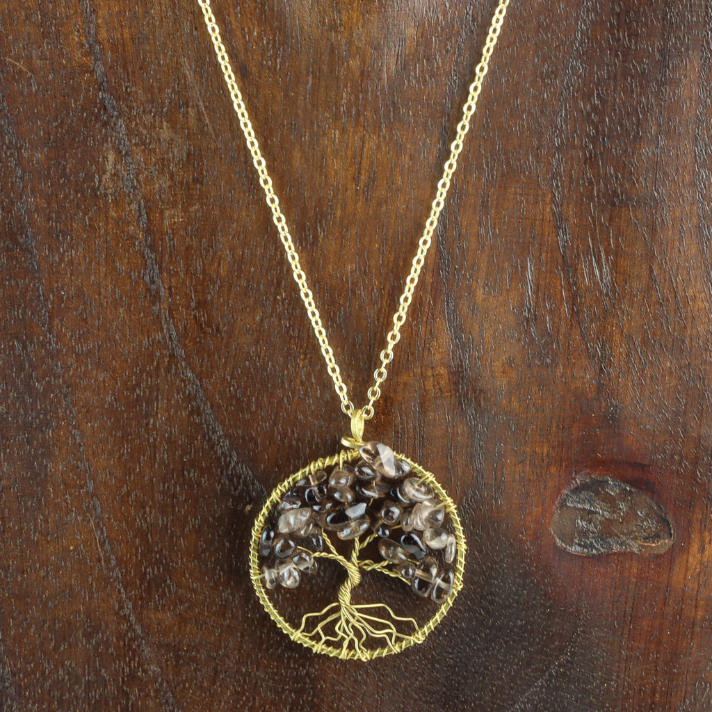 Gold Plated Tree of Life Necklace - Smokey Quartz