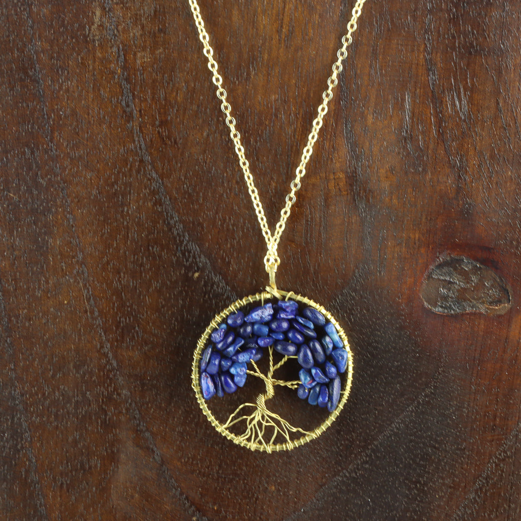 Gold Plated Tree of Life Necklace - Lapis