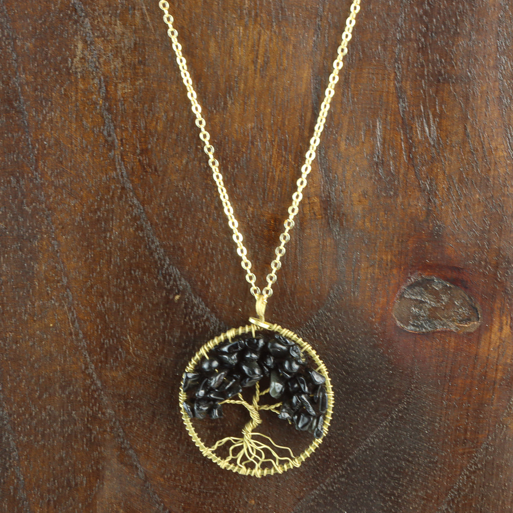 Gold Plated Tree of Life Necklace - Onyx