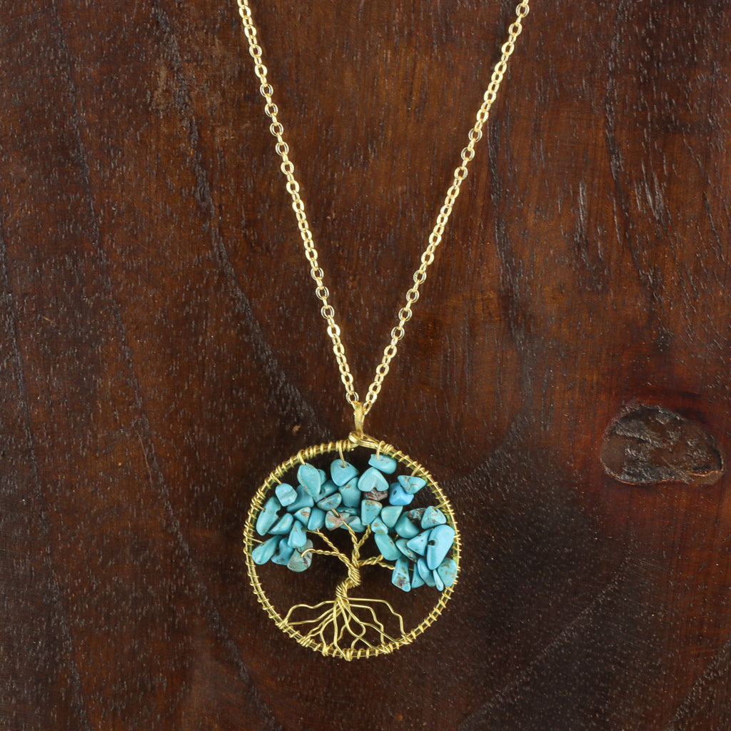 Gold Plated Tree of Life Necklace - Turquoise