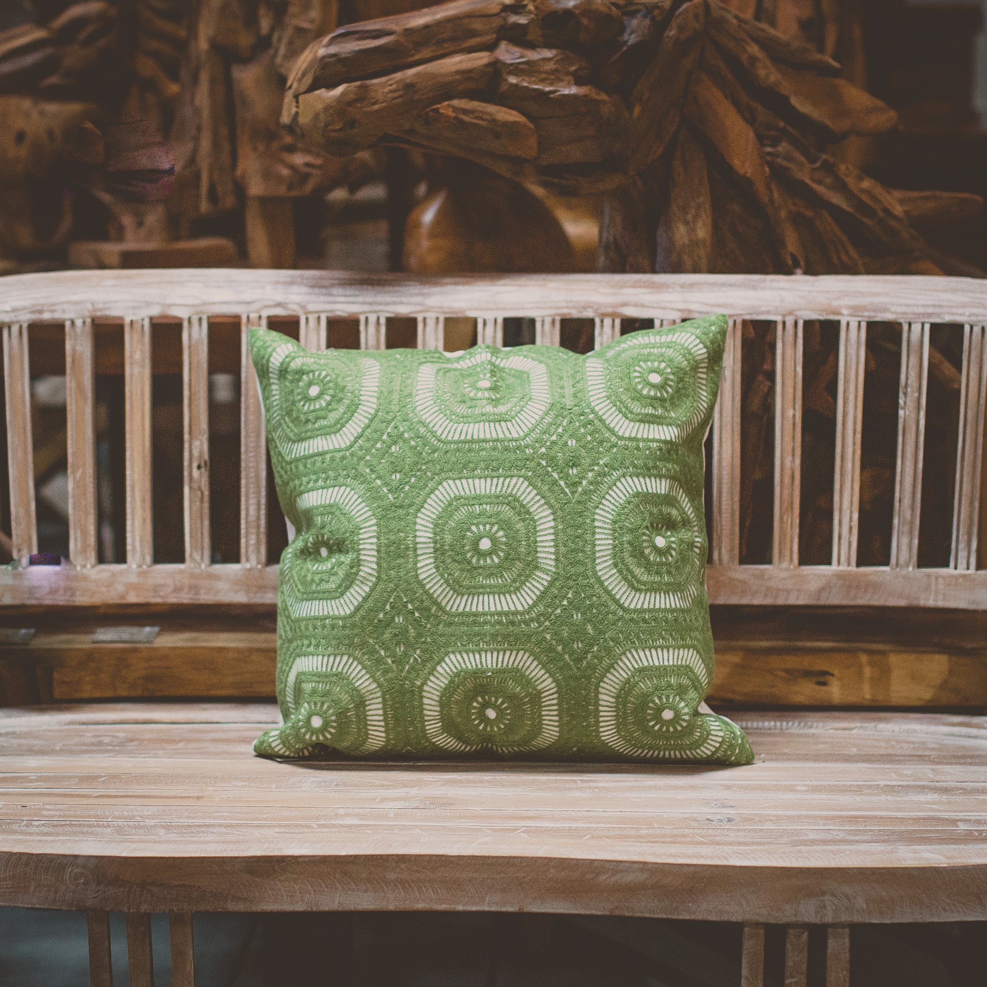 Embroidered Pillow Cover - Green Geometric