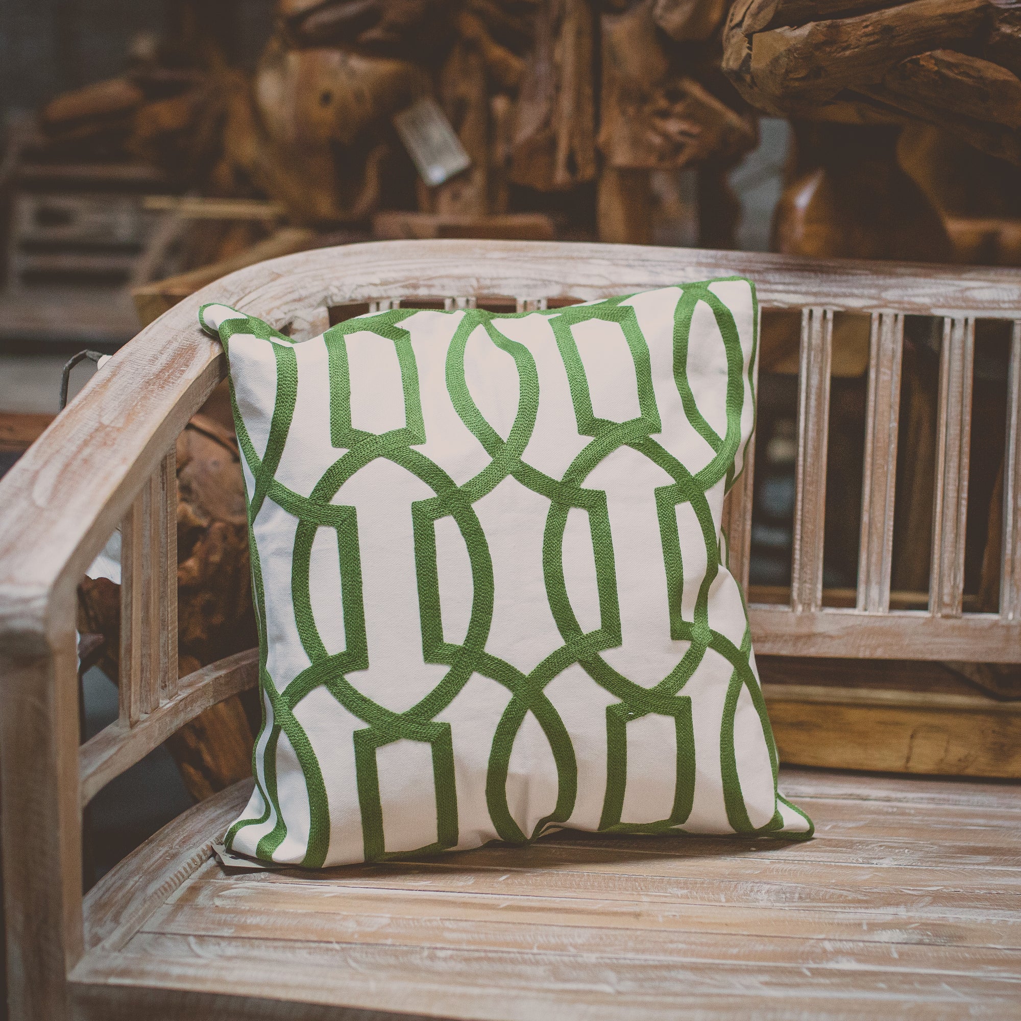 Embroidered Pillow Cover - Green and White Patterned