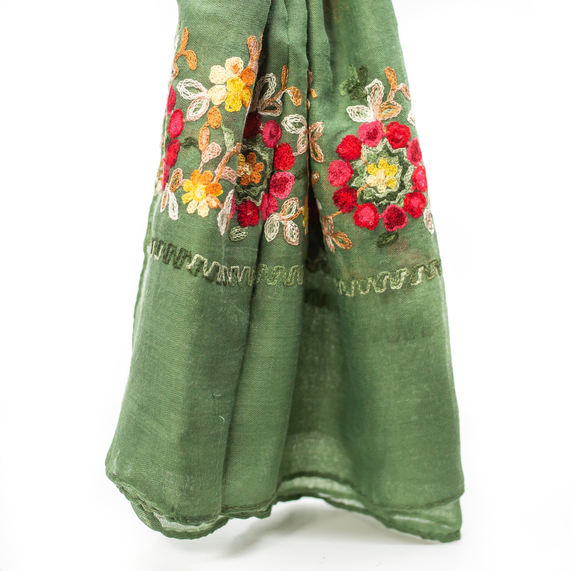 Olive Green Floral Embroidered Cotton Scarf made in Thailand