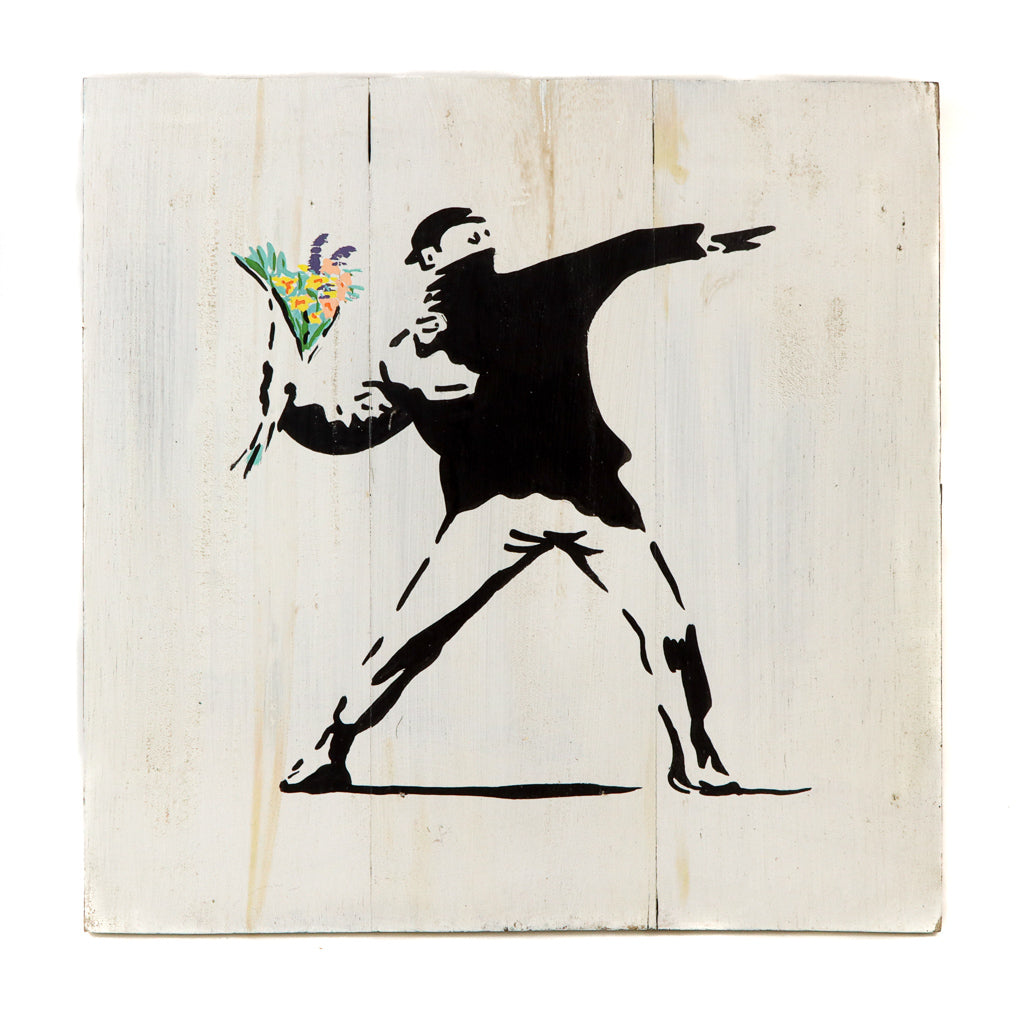 Banksy Throwing Flowers - Wood Sign