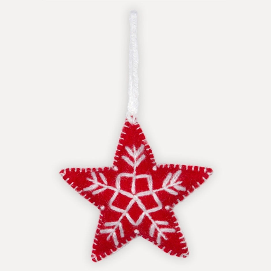 Hand Embroidered Ornament - Star - Red
